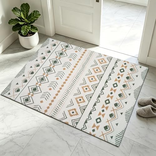 2'x3' Washable Entryway Rug Boho Small Area Rugs Bohemian Modern Tribal Accent Rug Geometric Pattern Vintage Throw Rugs Non-Slip Low Pile Mat for Door Bedroom Bathroom Kitchen or Dorm Room Green - color: Geometric 01--green/Light Brown