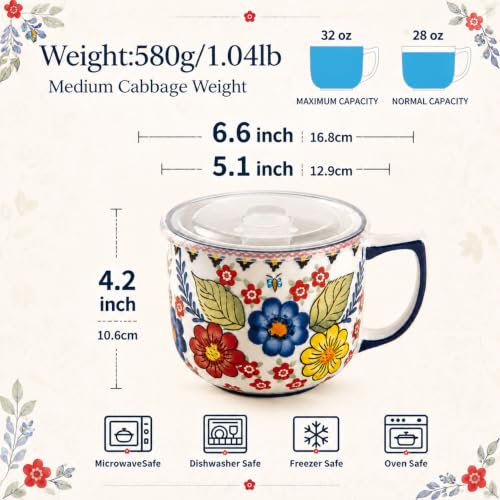 Ceramic Soup Bowl with Handle 32oz – Microwave Ramen Bowl with Lid, Hand Painted Soup Mug & Cup for Cereal, Oatmeal, Ramen, Instant Noodle, Soup Container with Lid - Polish-Inspired Folk Floral