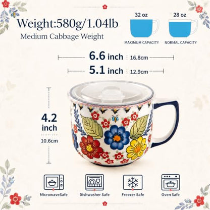 Ceramic Soup Bowl with Handle 32oz – Microwave Ramen Bowl with Lid, Hand Painted Soup Mug & Cup for Cereal, Oatmeal, Ramen, Instant Noodle, Soup Container with Lid - Polish-Inspired Folk Floral