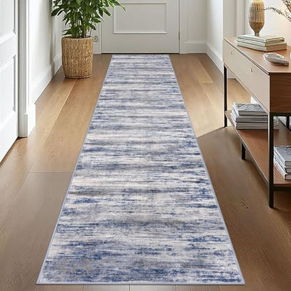 KOZYFLY Modern Abstract Kitchen Runner Rug, 2x10 Washable Rug Runner Non-Slip Soft Striped Hallway Runner Rugs, Grey Blue Print Carpet Runner for Entryway Bathroom Laundry Room Foyer - color: Blue-grey, size: 2' x 10' (Runner)