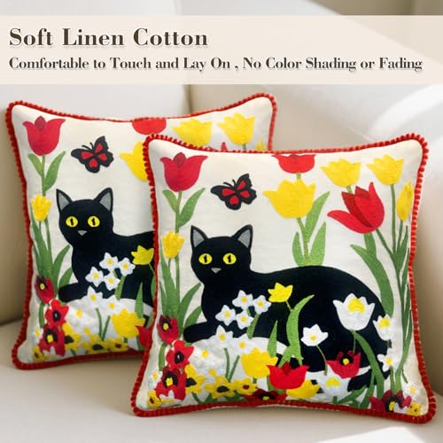 Embroidered Decorative Throw Pillow Covers 18"x 18" Set of 2 ，Couch Square Pillowcases with Zipper for Living Room Couch Sofa Bed Flower Cats Linen Cotton Halloween Throw Pillow Covers