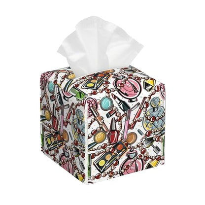 Scattered Cosmetics Tissue Box Cover Square, Perfume and Lipstick Tissue Box Holder with Bottom Belt Leather Facial Paper Organizer Dispenser for Bathroom Bedroom Dresser Night Stand Tabletop - color: Scattered Cosmetics