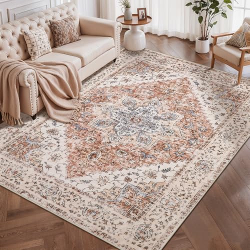 Ciicool 5x7 Area Rug Washable Large Soft Non-Slip for Living Room Bedroom | Boho Thin Low Pile Oriental Stain Resistant Indoor Mat Floor Throw Pet Friendly Carpet for Dining Room Kitchen Bedside Office - color: Vintage Cream/Brick, size: 5' x 7' (Rectangu
