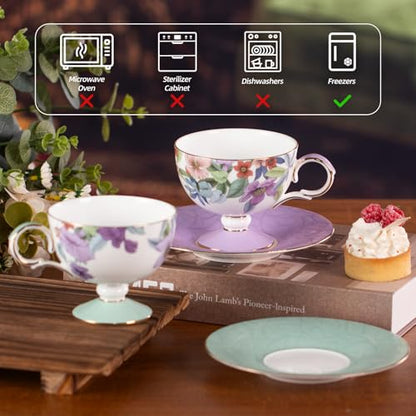 KAMMAK Tea Cups Set of 2,Ceramic Floral Pattern Demitasse Cup | Porcelain Espresso Cup with Saucer, 6.52 oz Handmade Elegant Bone China Tea Cups for Latte, Americano, Cappuccino - color: Lightly Dancing (Green + Purple)