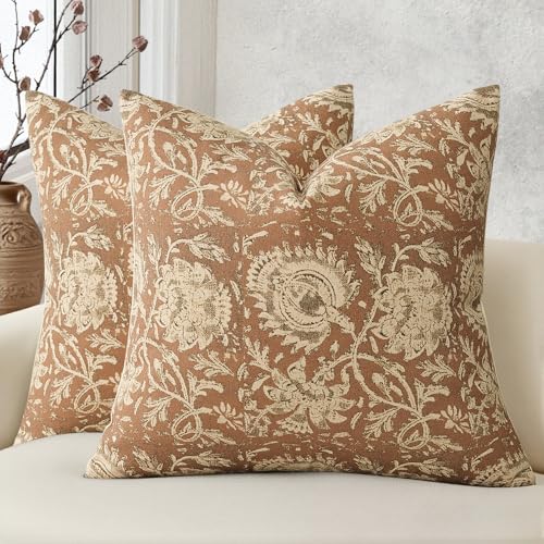 Vintage Floral Print Throw Pillow Covers 24x24 Set of 2 Neutral Modern Farmhouse Pillowcases Accent Decorative Cushion Covers Boho Home Decor for Couch Sofa Chair Bed Living Room, Cognac - color: Cognac, size: 24" x 24" (Pack of 2)