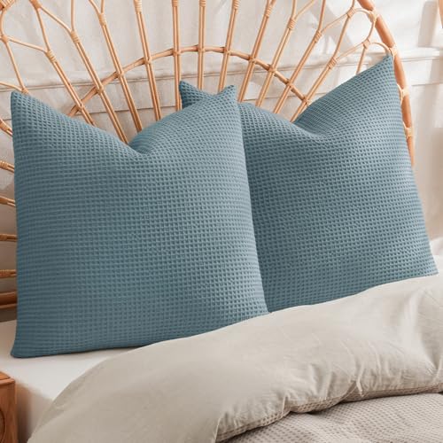 PHF 100% Cotton Waffle Weave Throw Pillow Cover, 24" x 24", No Filling, 2 Pack Elegant Home Decorative Square Throw Pillow Covers for Bed Couch Sofa, Ocean - color: Ocean, size: 24" x 24" (Pack of 2)