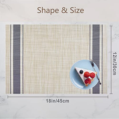 DACHUI Placemats Set of 6, Heat Resistant, Washable Woven Vinyl Place Mats - color: Blue Stripes, size: 6PCS