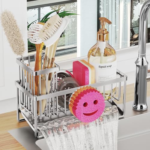 Sponge Holder for Kitchen Sink,Smiley Face Sink Caddy with Removable Brush Holder,Self-Draining Sponge Caddy for Soap,Dish Brush,Scrubber,Kitchen Essentials and Gadgets-Silver - color: 1 Tier Silver