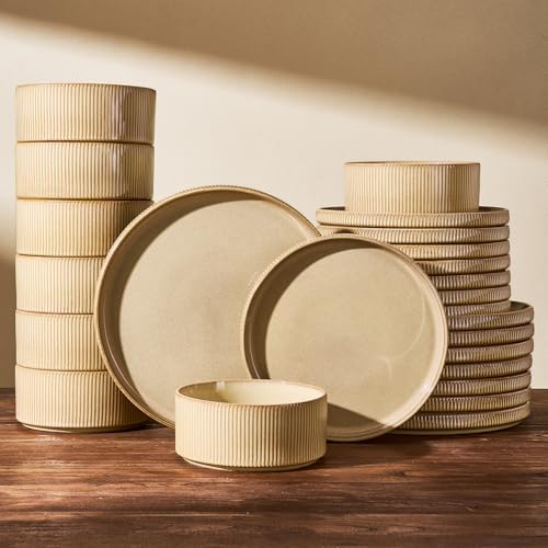 Stoneware Dinnerware Set for 8, Reactive Glaze, Cream | 24-Piece Ceramic Plates and Bowls, Handmade Ribbed Dishes, Daily Use, Microwave & Dishwasher Safe, Chip & Scratch Resistant - color: Cream, size: Service for 8 (24pc)