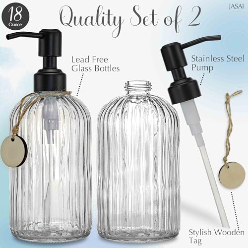 JASAI 2PACK 18Oz Simple Glass Soap Dispensers with Black Rust Proof Pump | Refillable Kitchen soap Dispenser with Vertical Stripe, Bathroom Soap Dispenser for Bathroom Hand soap, Dish Soap, Lotion - color: Clear-black Pump-2p, size: 2 Pack