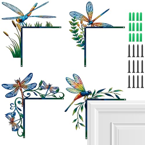 MorningRo 4 Pcs Door Frame Decoration Set Metal, Wall Art Decor Corner Sign Bathroom Decor for Indoor Outdoor Door Home Window Office(Dragonfly,Multicolor) - color: Multicolor, style: Dragonfly