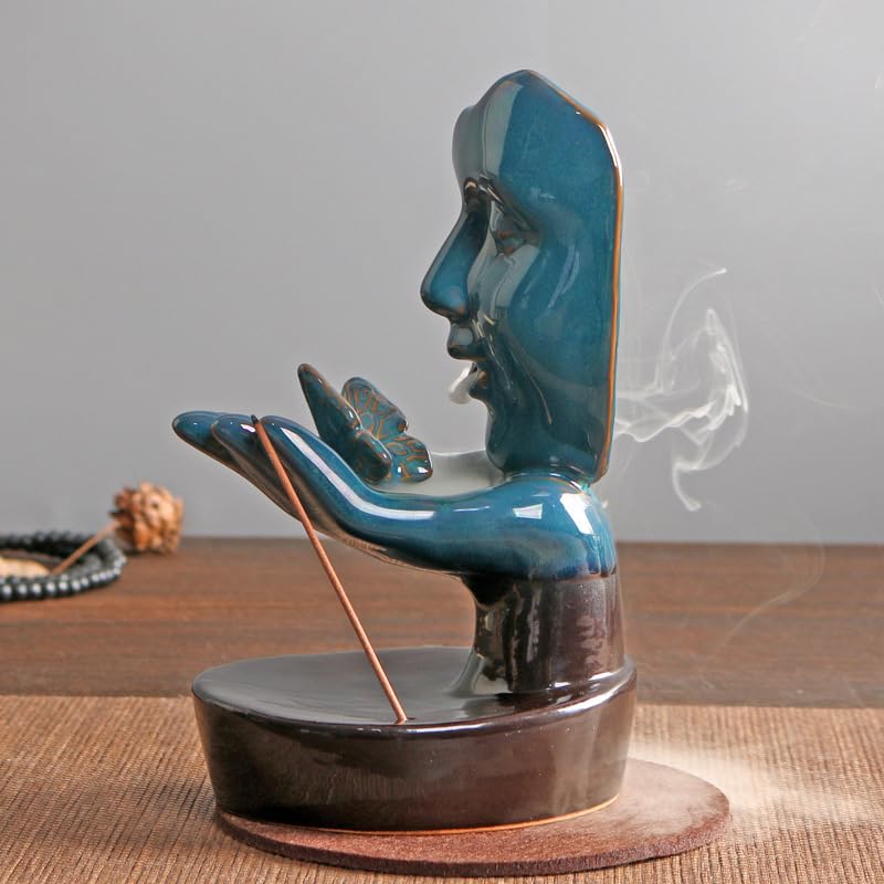 Woman Face on Hands Butterfly Statue Backflow Incense Holder,Waterfall Incense Burner Holder for Sticks Cones Home Office Yoga AI0036 - color: Face Statue 1