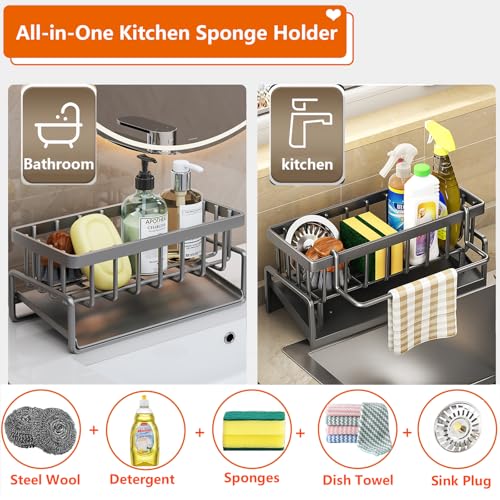 Kitchen Sink Caddy Organizer, Stainless Steel Sink Sponge Holder,45°Tilt Self-Drainage, Sponge Drain Rack with Dish Brush Holder,Removable Dishcloth Rack for Kitchen Storage Dispenser,Grey