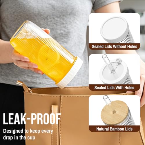 SoulTimes 24oz Mason Jar Drinking & Storage- Ribbed Glass Tumbler with Straw and Lid. Wide Mouth Boba Cups for Ice Coffee, Smoothie, etc. Leakproof and Reusable Food Container For Travel To Go 【4 Pcs】