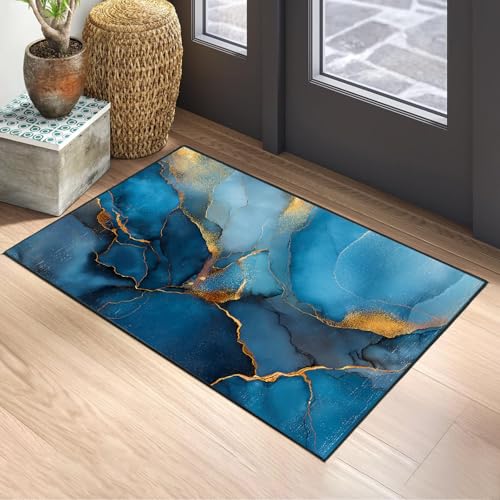 Blue Marble Area Rug 2x3 ft Entry Rug Washable Boho Rugs Non Slip Low Pile Floral Door Mat Small Carpet for Bedroom, Bedside, Kids Room, Office, Dining Room - color: Blue Marble, size: 2' x 3' (Rectangular)