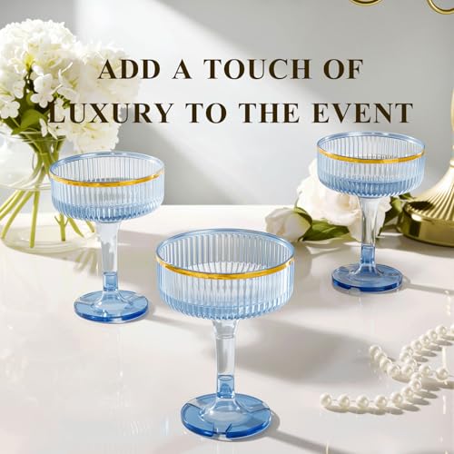 Goodluck 4-Tier Blue Champagne Tower - 20PCS 7oz Champagne Flutes Gold Rim | Plastic Coupe Glasses with Vertical Stripes for Weddings, Celebrations, Parties & Birthdays - color: Blue Gold Rim