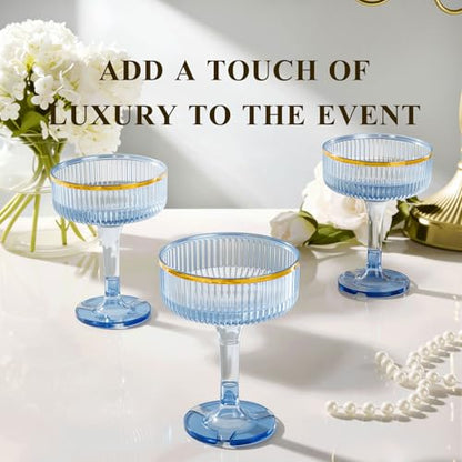 Goodluck 4-Tier Blue Champagne Tower - 20PCS 7oz Champagne Flutes Gold Rim | Plastic Coupe Glasses with Vertical Stripes for Weddings, Celebrations, Parties & Birthdays - color: Blue Gold Rim