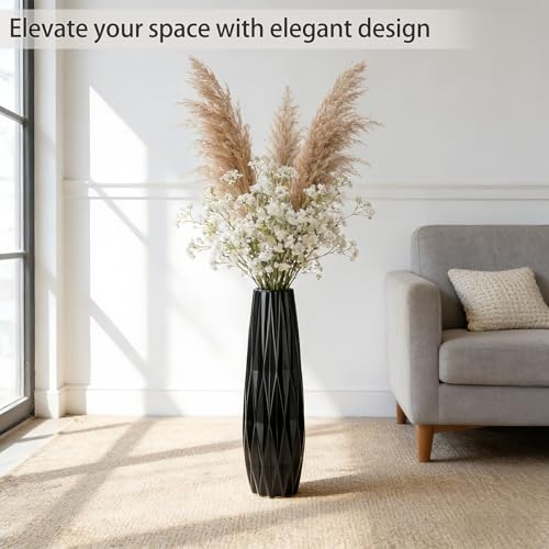 Black Tall Ceramic Floor Vase, 17.7 Inch, Ribbed Design | Matte Finish, Narrow Corners, Entryway, Bedroom, Compact Spaces - size: 17.7 Inch