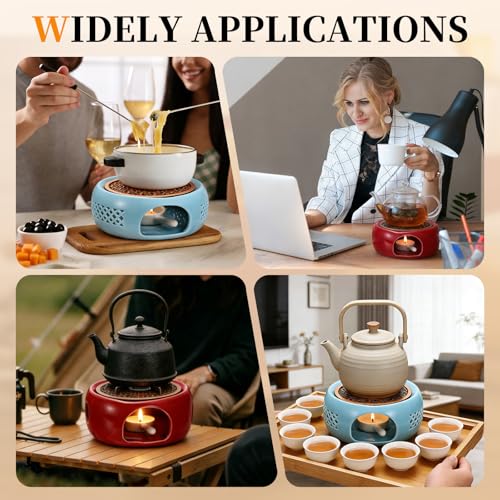 uxcell Teapot Warmer, Ceramic Tea Warmer Ceramic Teapot Heater with Alloy Pad Tealight Holder for Heating Coffee Milk Water Heatproof Dish Warming Use, Plum Green Ocean Flower Design - color: Plum Green