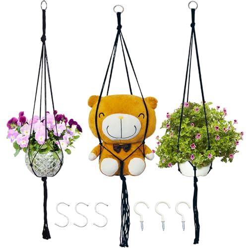 Macrame Plant Hangers Planter Flower Pots Holder 3 Pack Basket Stand Tassels with 6 Hooks Kit Cotton Rope for Decorative Indoor Outdoor Patio Garden Boho Home Décor (POTS NOT Included) (BLACK) - color: Black