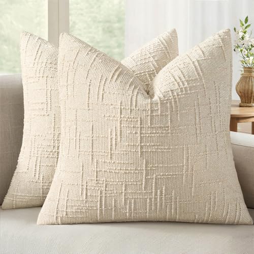 MIULEE Chenille Textured Throw Pillow Covers Beige 18x18 Set of 2 | Slubby Decorative Pillows, Boho Farmhouse Home Decor, Modern Neutral Cushion Covers for Couch Sofa Bed Living Room - color: Beige, size: 18" x 18" (Pack of 2)