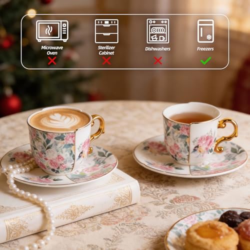 KAMMAK Tea Cups and Saucers Set of 2, 4 oz Porcelain Coffee Cups, YX013 | Stackable Espresso Mugs, Ceramic Demitasse for Coffee, Cappuccino, Latte, Americano, Tea - size: 8CZYX013