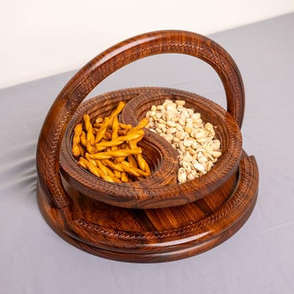 Handmade 12″ Collapsible Wooden Basket, 2-Compartment Yin-Yang Design in Himalayan Rosewood, Fruit Basket, Bread Bowl & Trivet, Folds Flat for Easy Storage – Unique Centerpiece & Gift