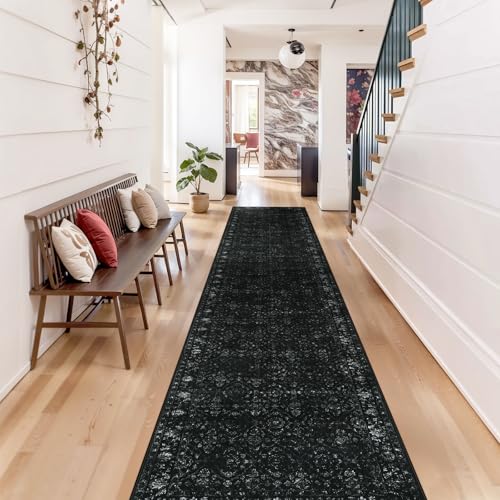 Hedlive Vintage Black Runners for Hallways 12ft, Long Washable Runner Rug for Entryway Non Slip, Ultra-Thin Soft Carpet Runners for Kitchen Indoor Entry Bedroom (2'6"x12', Black) - color: Black, size: 2'6" x 12' (Runner)