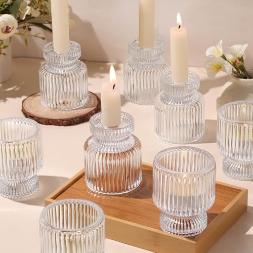 12 Pcs Glass Candlestick Holders- Clear Taper Candle Holders Tealight Votive Candle Holders for Table Centerpieces, Wedding, Dinner Party, Home Decor - color: Clear, size: 12Pcs