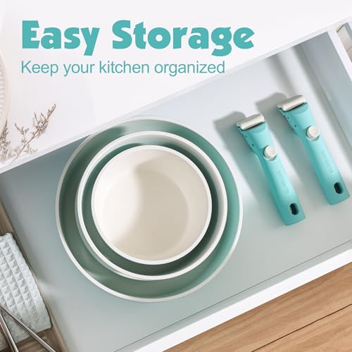 SENSARTE 17 Piece Ceramic Detachable Handle Pots and Pans Set Turquoise | Ceramic Cookware Set, Induction Cookware Set with Removable Handle, Healthy Non Stick for RV, Dishwasher ＆ Oven Safe - color: Turquoise, size: 17 Piece