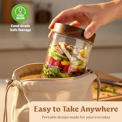 Overnight Oats Containers with Lids - Glass Mason Jars, Meal Prep | Acacia Wood, Airtight Silicone Seal Set of 6 - Stackable for Chia Pudding, Yogurt, Cereal, Oatmeal, Salad, Pantry Storage - color: 6 pack - Acacia no Spoon