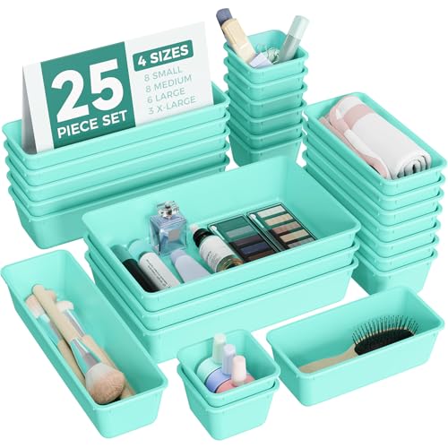 BiuLeon 25 PCS Plastic Drawer Organizers Set, 4-Sizes Vanity and Makeup Organizer, Desk and bathroom Drawer Organizer Trays, Organizers and Storage for Makeup, Jewelry, Gadgets, Utensils (Blue) - color: Blue