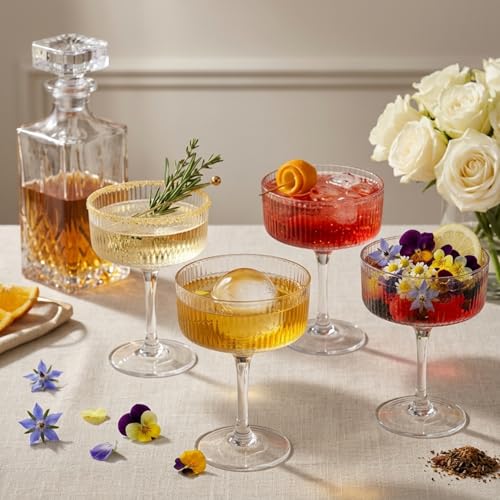 Ciaell 4 Piece Coupe Glasses for Bars Parties | 10 oz Ribbed Vintage Cocktail Glasses, Martini Wine Espresso Service, Gift and Drink Service