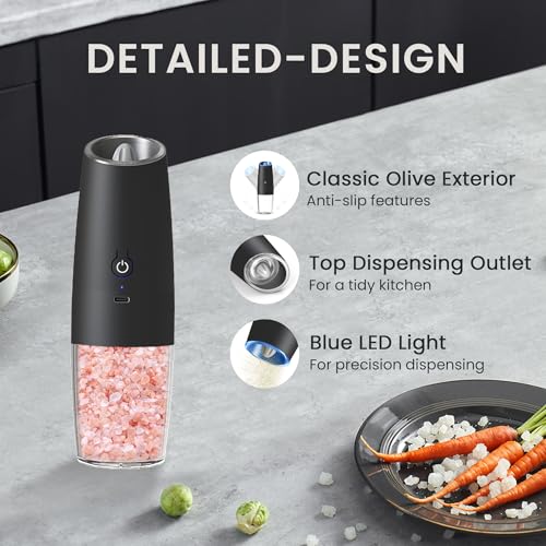 Rechargeable Gravity Salt Pepper Grinder Set, 1 Pack (Black) | Gravity Rechargeable Grinder With Led Light & Adjustable Coarseness, No Extra Batteries Needed For Kitchen Seasoning - color: Rechargeable/1pc/Black