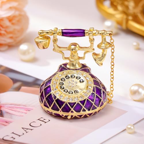 QIFU Hand Painted Purple Telephone Style Trinket Box with Rich Enamel and Sparkling Rhinestones Unique Gift for Family - color: T3 Purple