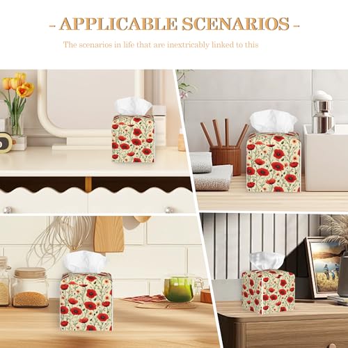Leather Tissue Box Holder Retro Poppy Flowers Tissue Box Cover Square Waterproof Holder Organizer Modern Napkin Holder for Bedroom Dresser Night Stand Office Desk - color: Retro Poppy Flowers