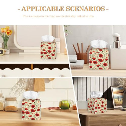 Leather Tissue Box Holder Retro Poppy Flowers Tissue Box Cover Square Waterproof Holder Organizer Modern Napkin Holder for Bedroom Dresser Night Stand Office Desk - color: Retro Poppy Flowers