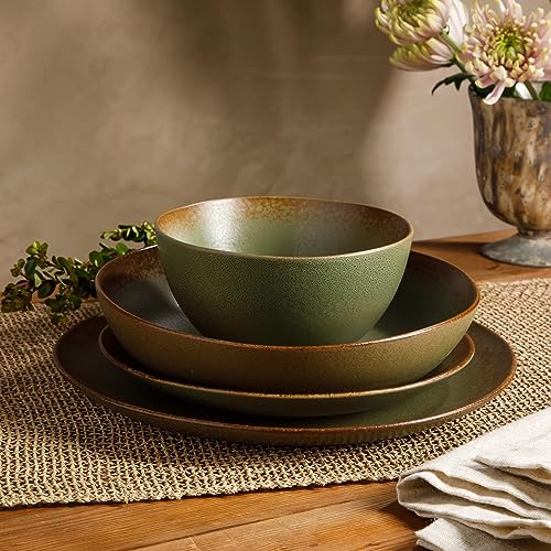 Two Time Oprah's Favorite Things Winner - Palermo Sun Double Bowl Stoneware Reactive Glaze Plates and Bowls Dinnerware Set - Cardamom Green, Service for Four (16pcs) - color: Cardamom Green