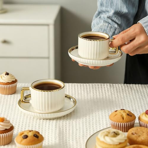 LETAOTAO Espresso Cups Set of 4, 3oz Espresso Cups and Saucers | Ceramic Coffee Cups with Gold Trim, Stackable Mini Demitasse Mugs for Espresso, Cappuccino,Latte, Americano and Tea - size: 3 Ounces