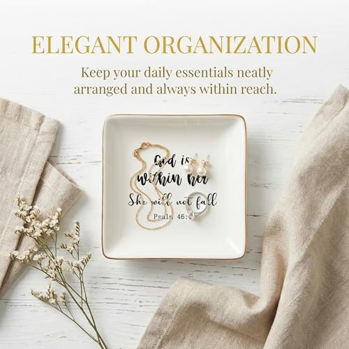Christian Jewelry Dish Tray, God Is Within Her Bible Verse Ceramic Jewelry Tray for Rings Earring Bracelet Necklace, Christian Gifts for Women, Religious Gifts Trinket Dish for Women