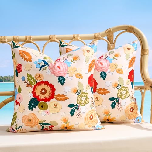 Waterproof Throw Pillow Covers Outdoor Beige Decorative Pillow Covers Summer Floral Accent Square Couch Covers Garden Farmhouse Cushion Cases 16x16 Inch Set of 2 for Patio Tent Balcony Furniture Sofa - color: Beige, size: 16" x 16" (Pack of 2)