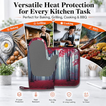 Misty Forest Oven Mitt and Pot Holder with Silicone Woodland Mountain Heat Resistant Kitchen for Cooking BBQ Baking Grilling Cooking Protection - color: Misty Forest