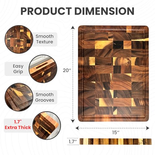 (1.7" Extra Thick & Large) 20"x15" American Black Walnut Wood End Grain Cutting Board for Kitchen with Juice Groove, Heavy-Duty Butcher Block, Wooden Chopping Board, Charcuterie Boards - size: 20"L x 15"W