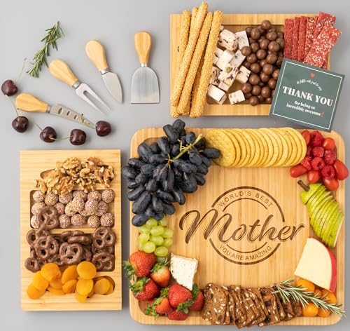 Birthday Gifts for Mom from Daughter Son Kids | Happy Birthday Mom Gift Ideas | Best Kitchen Present for Mother | Cheese Board Charcuterie Set with 4 Knives - style: Mother