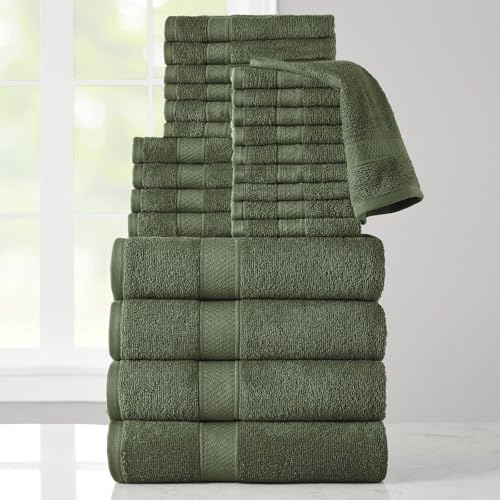 24-Piece Set of Towels, Lightweight 380 GSM Cotton Towels, Quick Drying, Absorbent Hand Towels, Fingertip Towels, Bath Towels, & Washcloths, Olive - color: Olive