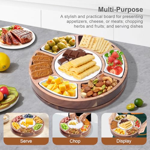360° Rotating Lazy Susan Cheese & Charcuterie Board Set - 13.5" Acacia with Built-in Slate Chiller, 3 Ceramic Bowls & 2 Cheese Knives - Housewarming, Birthday & Wedding Gift - size: Round 13.5" Lazy Susan
