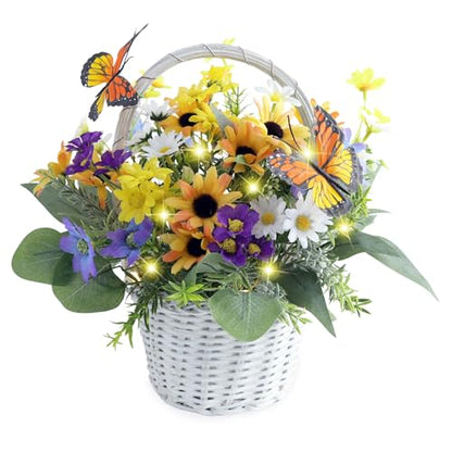 Eksen Artificial Flowers in Basket Vase with Lights, Faux Floral Arrangement for Table,Home Kitchen Centerpieces Party Decor