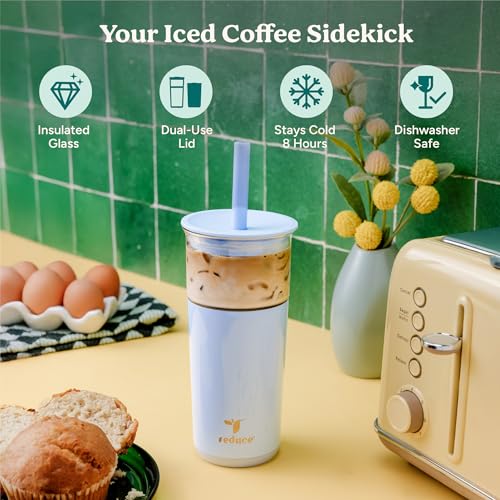 REDUCE Aspen - 20oz Vacuum Insulated Glass Tumbler - Extra Wide Straw & Lid | Keeps drinks cold for 12 hours, ideal for iced coffee, smoothies & boba, dishwasher safe, soft base - color: Dragonfruit