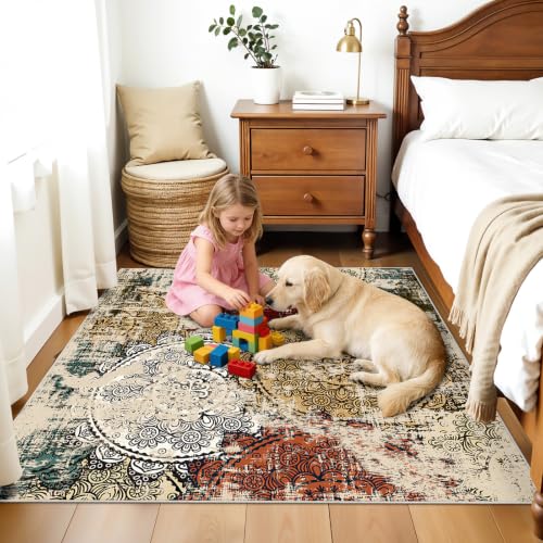 Washable 5x5 Square Area Rug: Red Soft Non-Slip Mandala Stamped Dining Room | Abstract Indoor Kitchen Entryway Thin Low Pile Stain Resistant Carpet Bedroom Accent Nursery Play Room Office 5ft Red Green - color: Red/Green/Multi, size: 5' x 5' (Square)