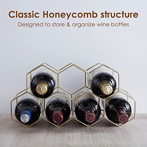 FOMANSH Countertop Wine Storage - Freestanding 7 Bottle Metal Holder with Modern Design for Kitchen or Wine Cellar - color: Gold